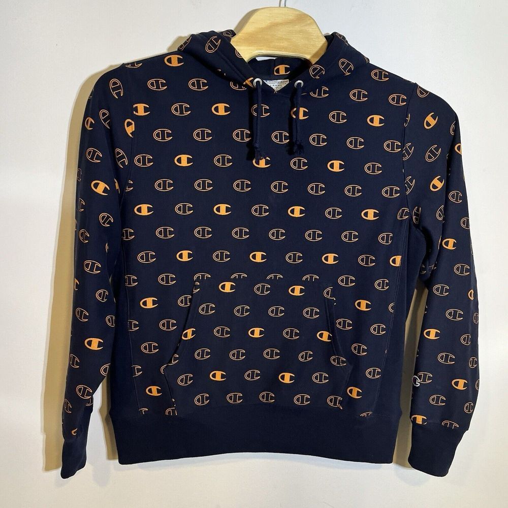 2019 Champion Men's L Reverse Weave Black Orange Pullover All Over Print Hoodie